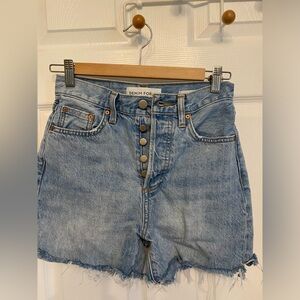 Aritzia Denim Forum ButtonFly Yoko Mid Thigh Denim Jean Shorts High Rise Size 24